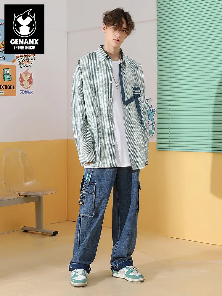 Contrasting color striped letters embroidered love label ribbon decorated loop shirt