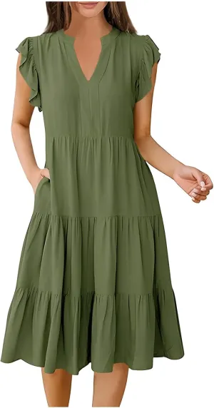 Dresses for Women 2025 Casual Spring Loose V Neck Ruffle Cap Solid Dress Fashion Tiered Pleated Beach Sundress