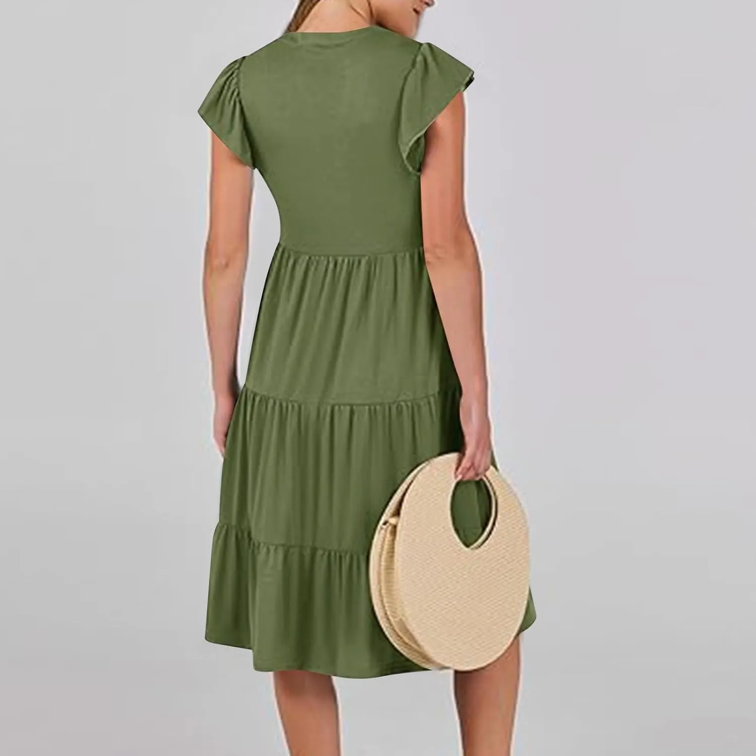 Dresses for Women 2025 Casual Spring Loose V Neck Ruffle Cap Solid Dress Fashion Tiered Pleated Beach Sundress