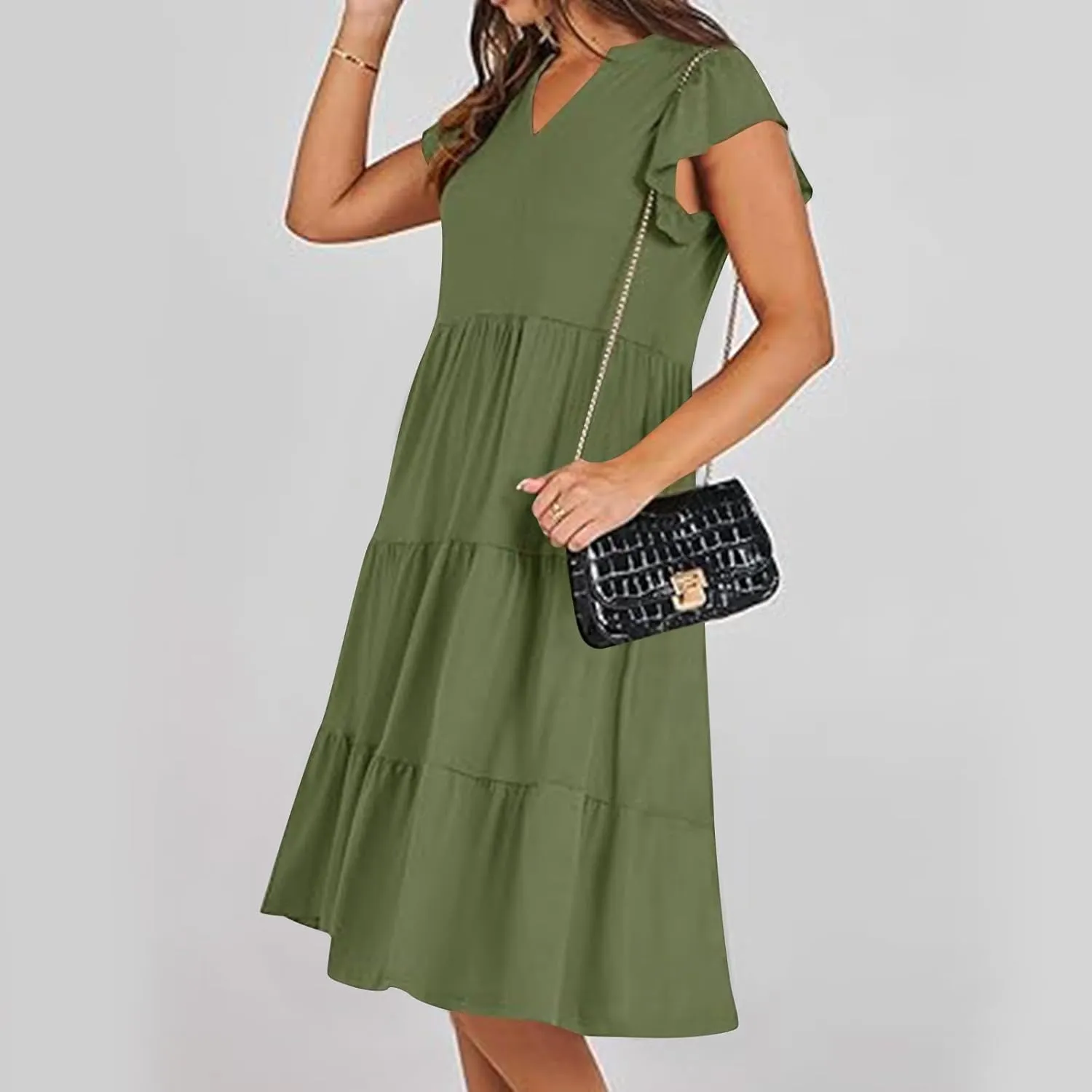 Dresses for Women 2025 Casual Spring Loose V Neck Ruffle Cap Solid Dress Fashion Tiered Pleated Beach Sundress
