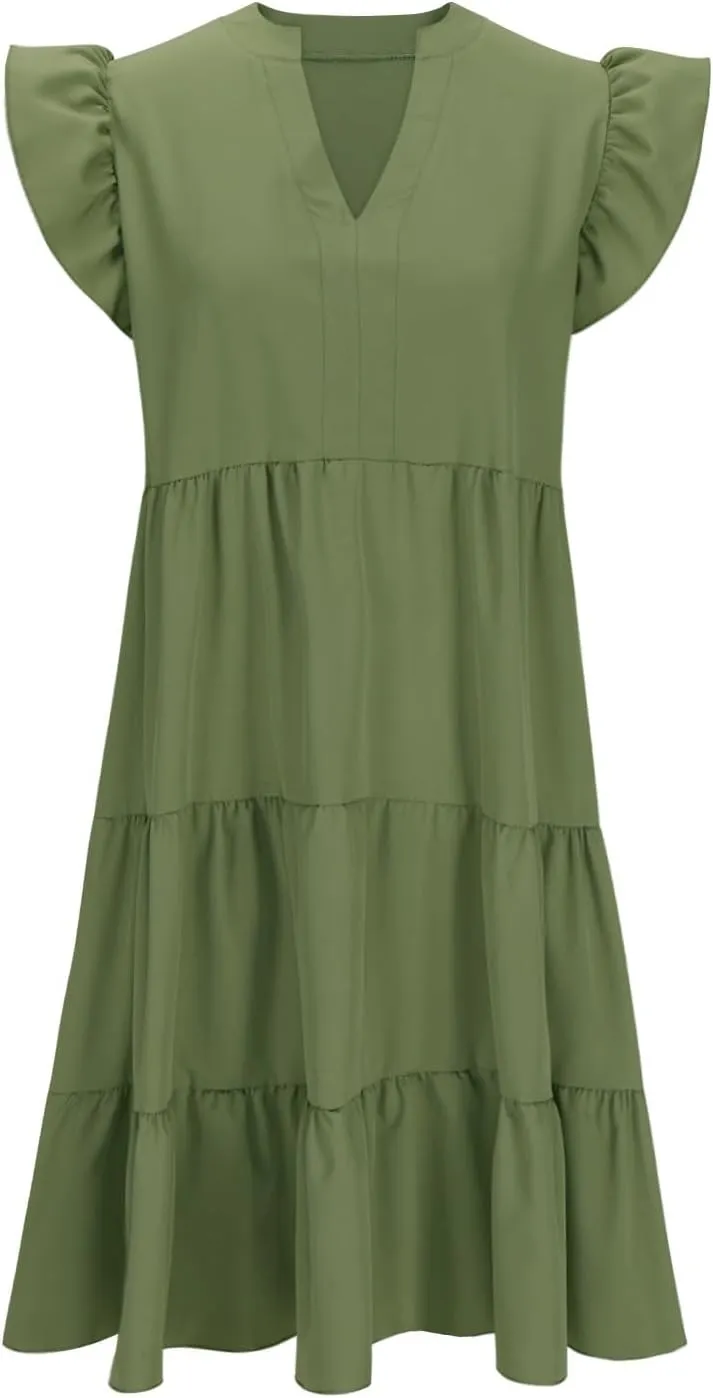 Dresses for Women 2025 Casual Spring Loose V Neck Ruffle Cap Solid Dress Fashion Tiered Pleated Beach Sundress