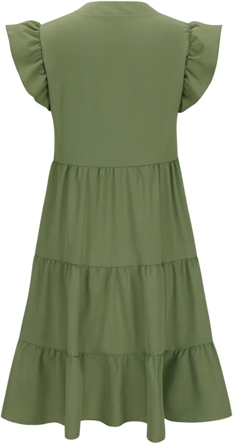 Dresses for Women 2025 Casual Spring Loose V Neck Ruffle Cap Solid Dress Fashion Tiered Pleated Beach Sundress
