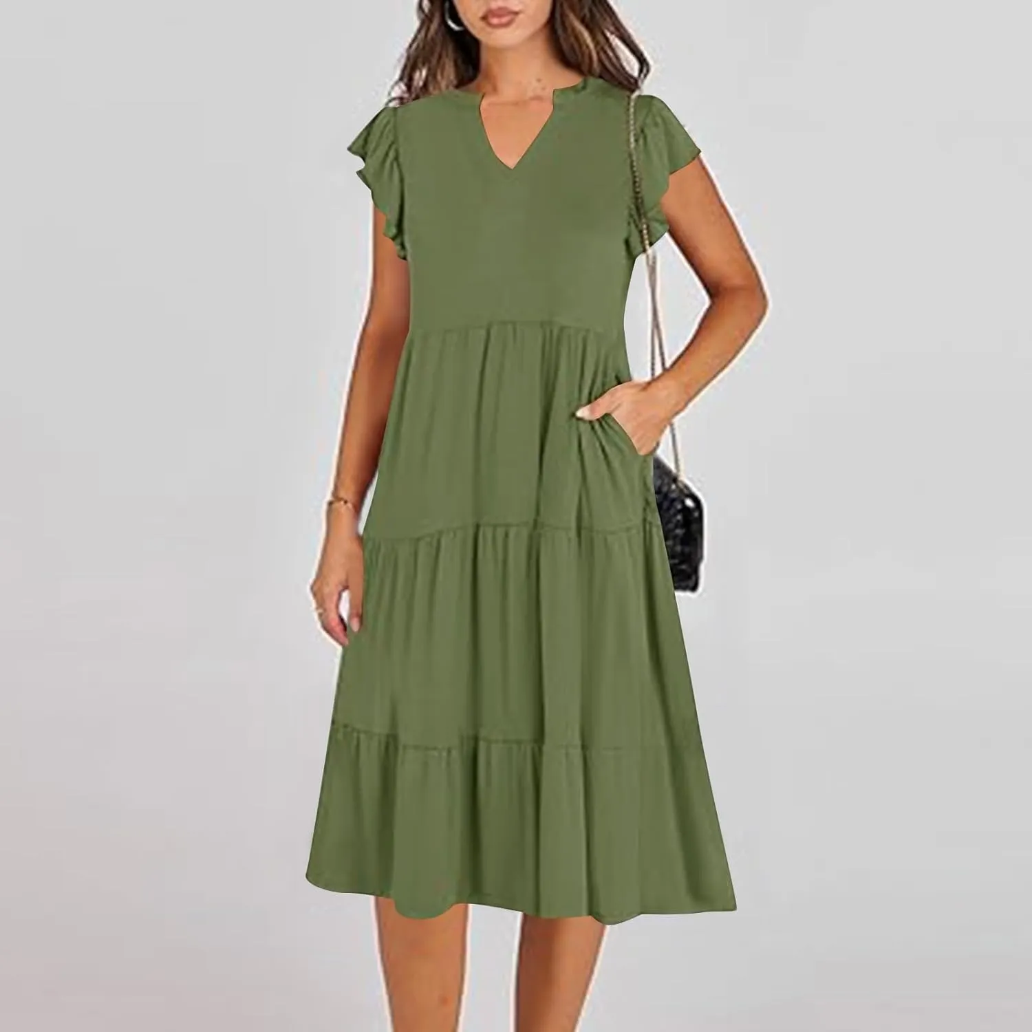 Dresses for Women 2025 Casual Spring Loose V Neck Ruffle Cap Solid Dress Fashion Tiered Pleated Beach Sundress
