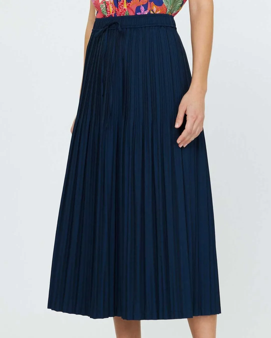 Elastic Waist Pleated Midi Skirt - Navy