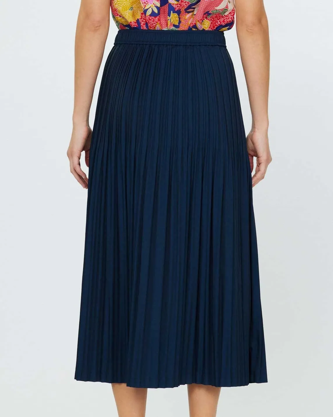 Elastic Waist Pleated Midi Skirt - Navy