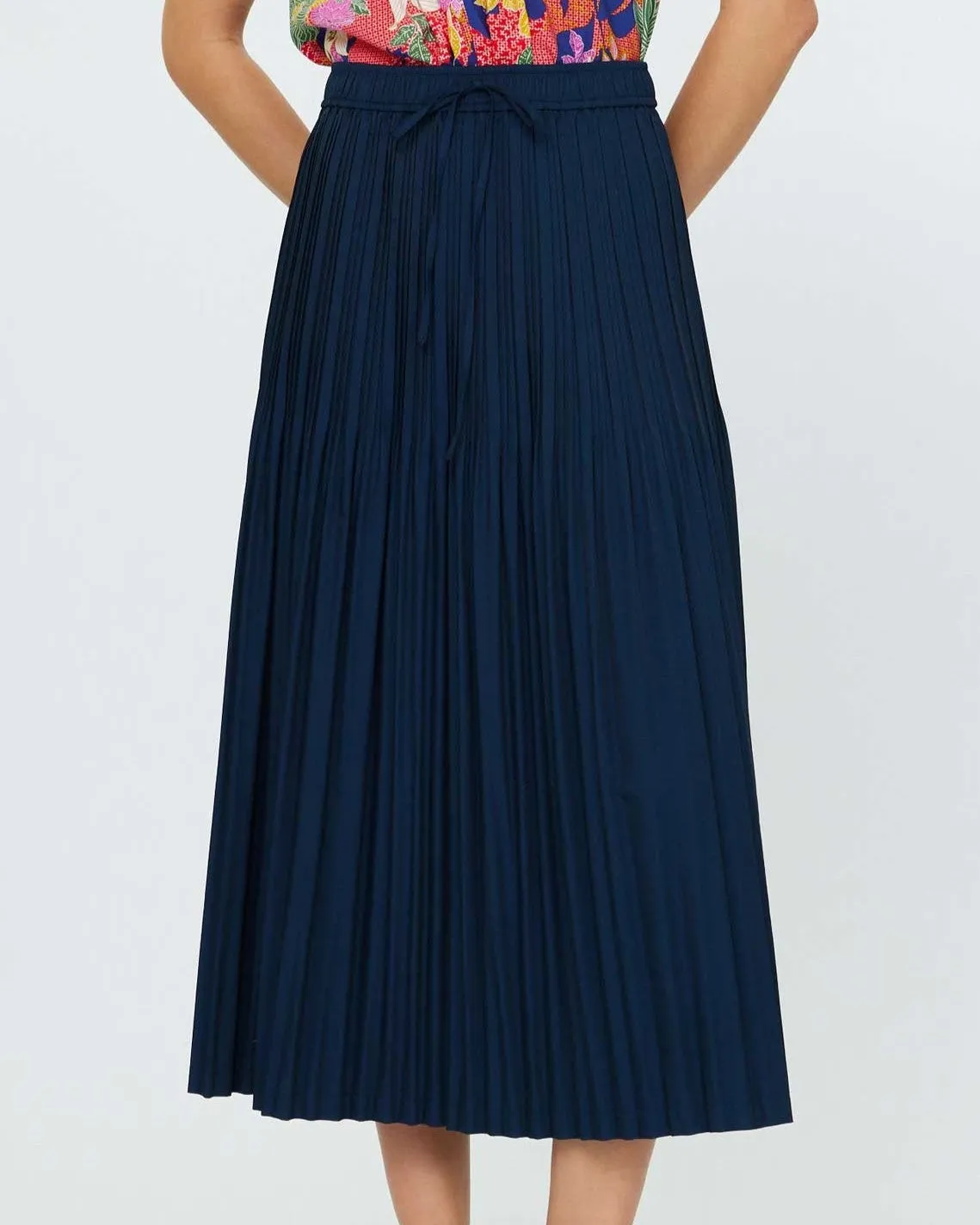 Elastic Waist Pleated Midi Skirt - Navy