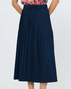 Elastic Waist Pleated Midi Skirt - Navy