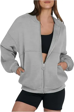 Fall Jackets for Women Zip Up Sweatshirts Long Sleeve Shirts Bomber Jacket with Pockets Fleece Sweaters Tops