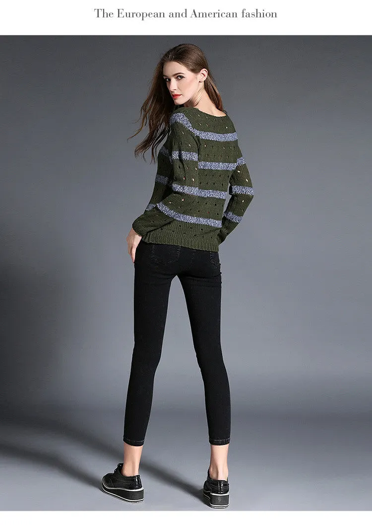 Fashion Stripe Hollow Out Pullovers Knitwear Sweater