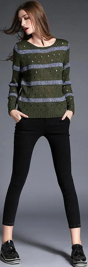 Fashion Stripe Hollow Out Pullovers Knitwear Sweater