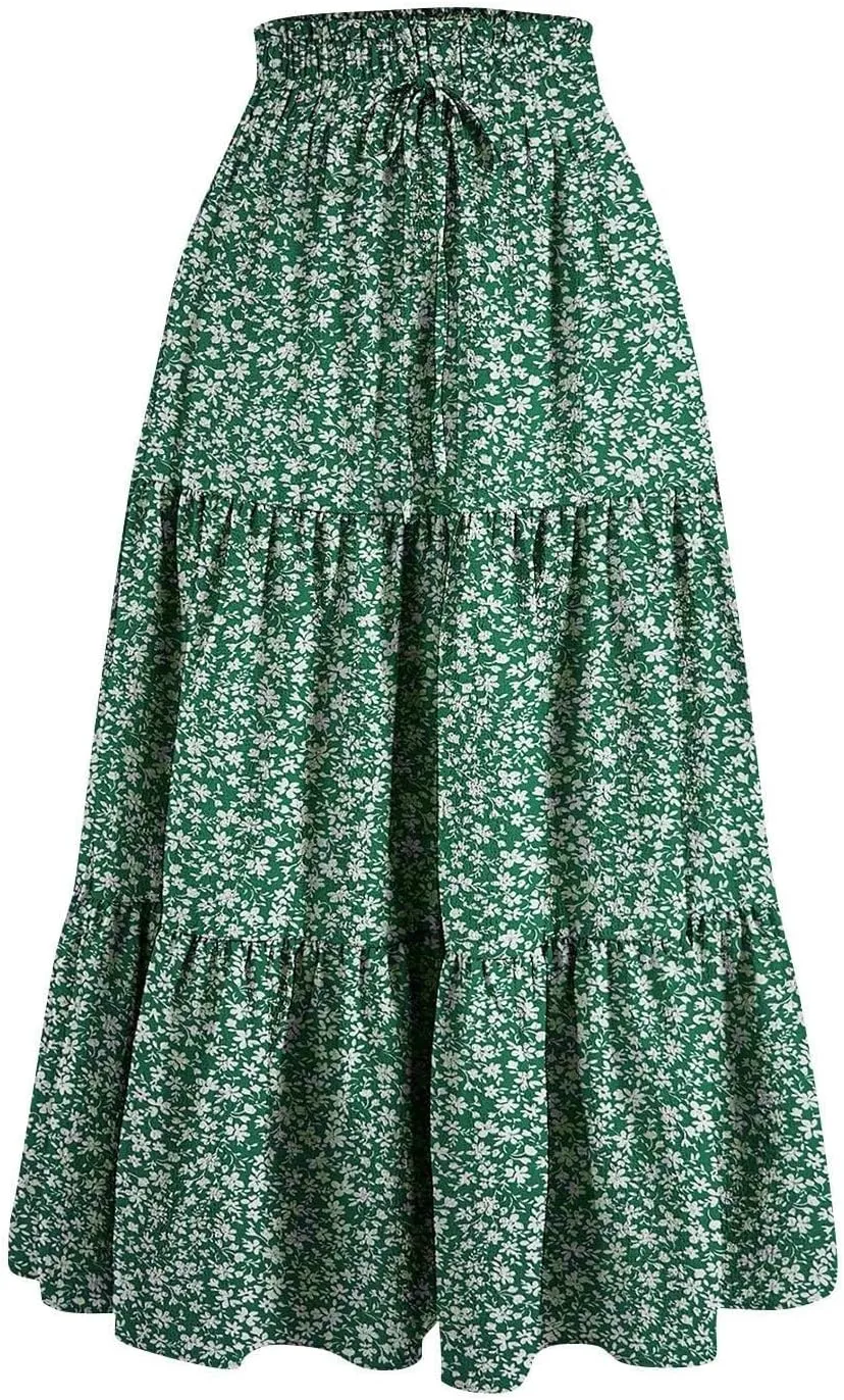 Floral Maxi Skirt for Women Summer Casual Tiered Elastic High Waisted Skirts Comfy Vacation Flowy Swing Long Skirts