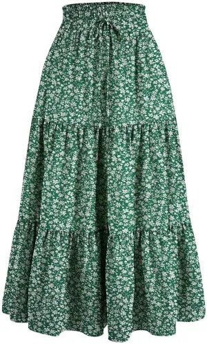 Floral Maxi Skirt for Women Summer Casual Tiered Elastic High Waisted Skirts Comfy Vacation Flowy Swing Long Skirts