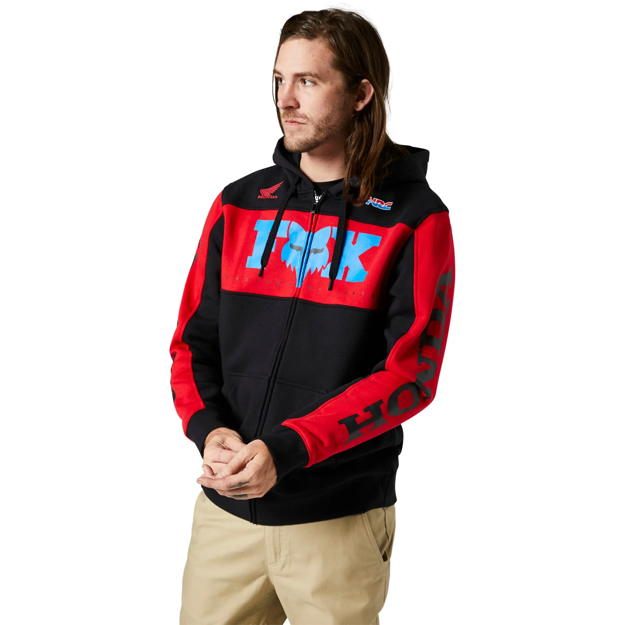 Fox Racing  Mens Black Red Honda Zip Up Fleece Hoodie Hoody Sweatshirt Fleece
