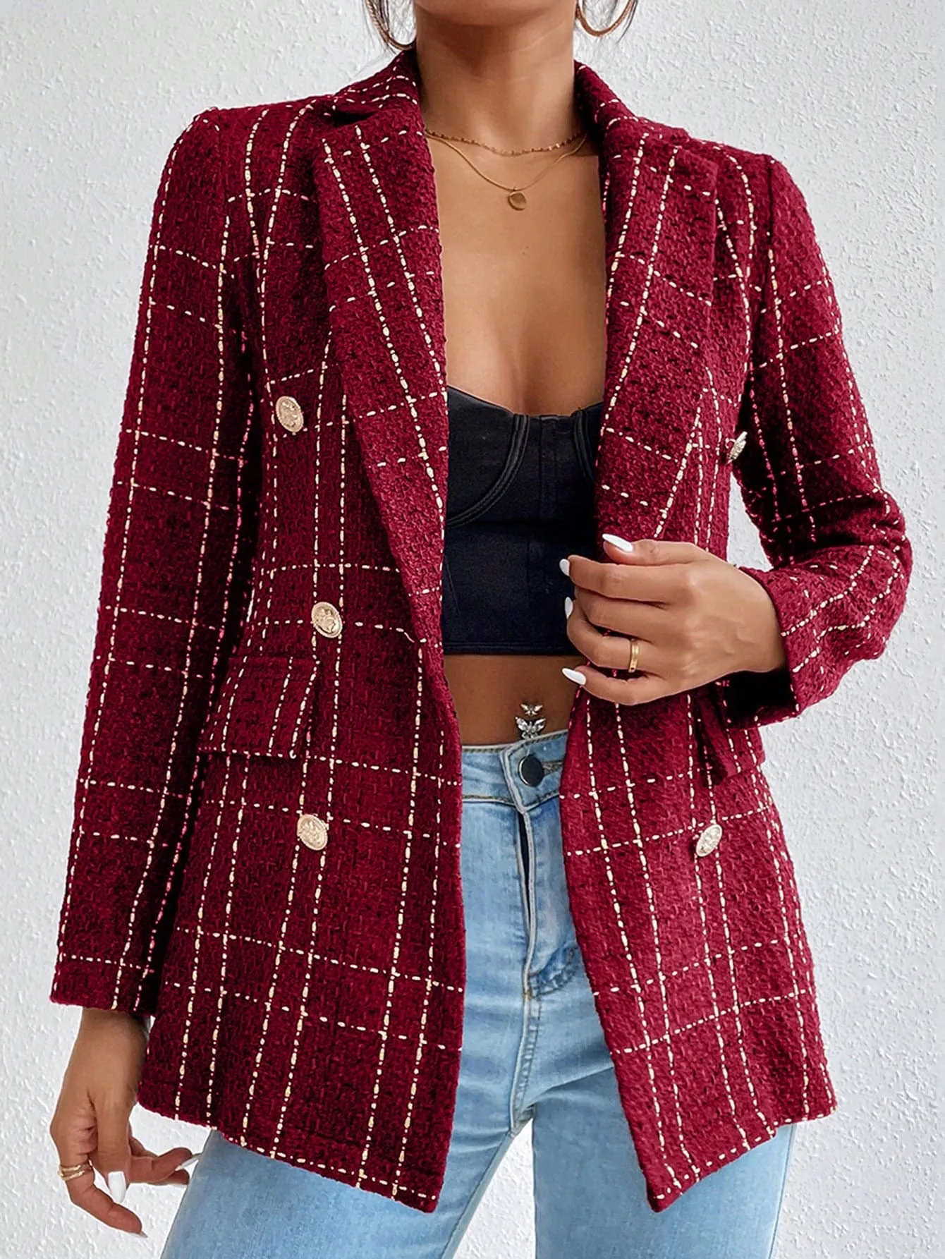 Frenchy Lapel Collar Long Sleeve Plaid Thick Woolen Blazer Jacket
