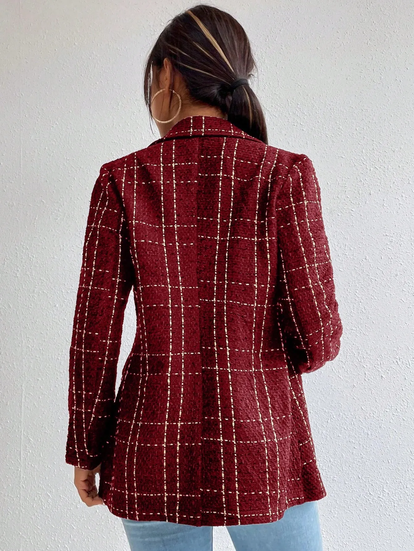 Frenchy Lapel Collar Long Sleeve Plaid Thick Woolen Blazer Jacket