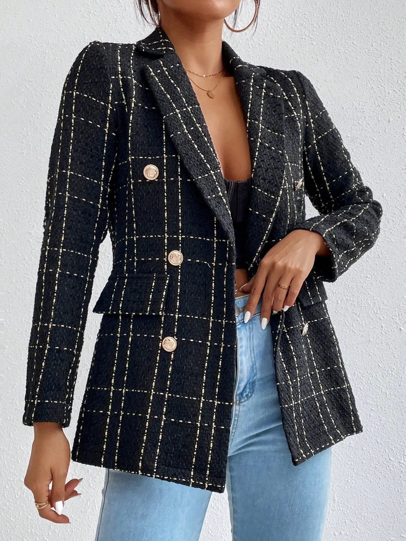 Frenchy Lapel Collar Long Sleeve Plaid Thick Woolen Blazer Jacket