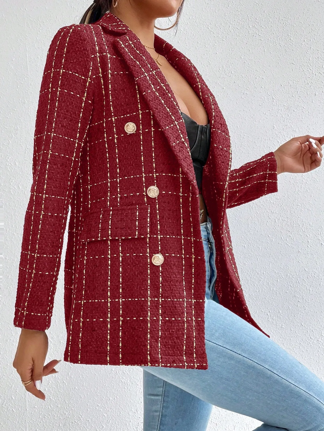 Frenchy Lapel Collar Long Sleeve Plaid Thick Woolen Blazer Jacket