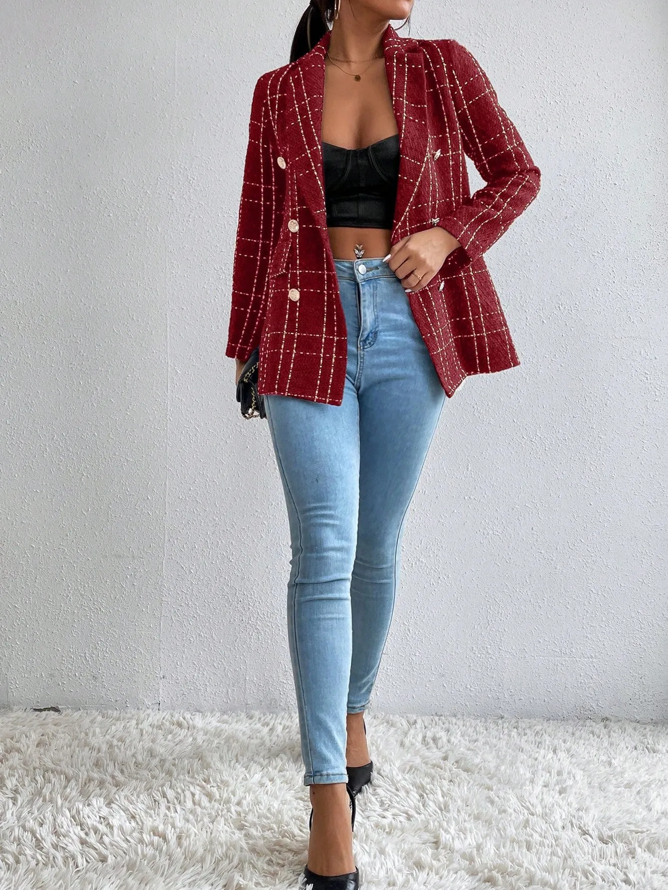 Frenchy Lapel Collar Long Sleeve Plaid Thick Woolen Blazer Jacket