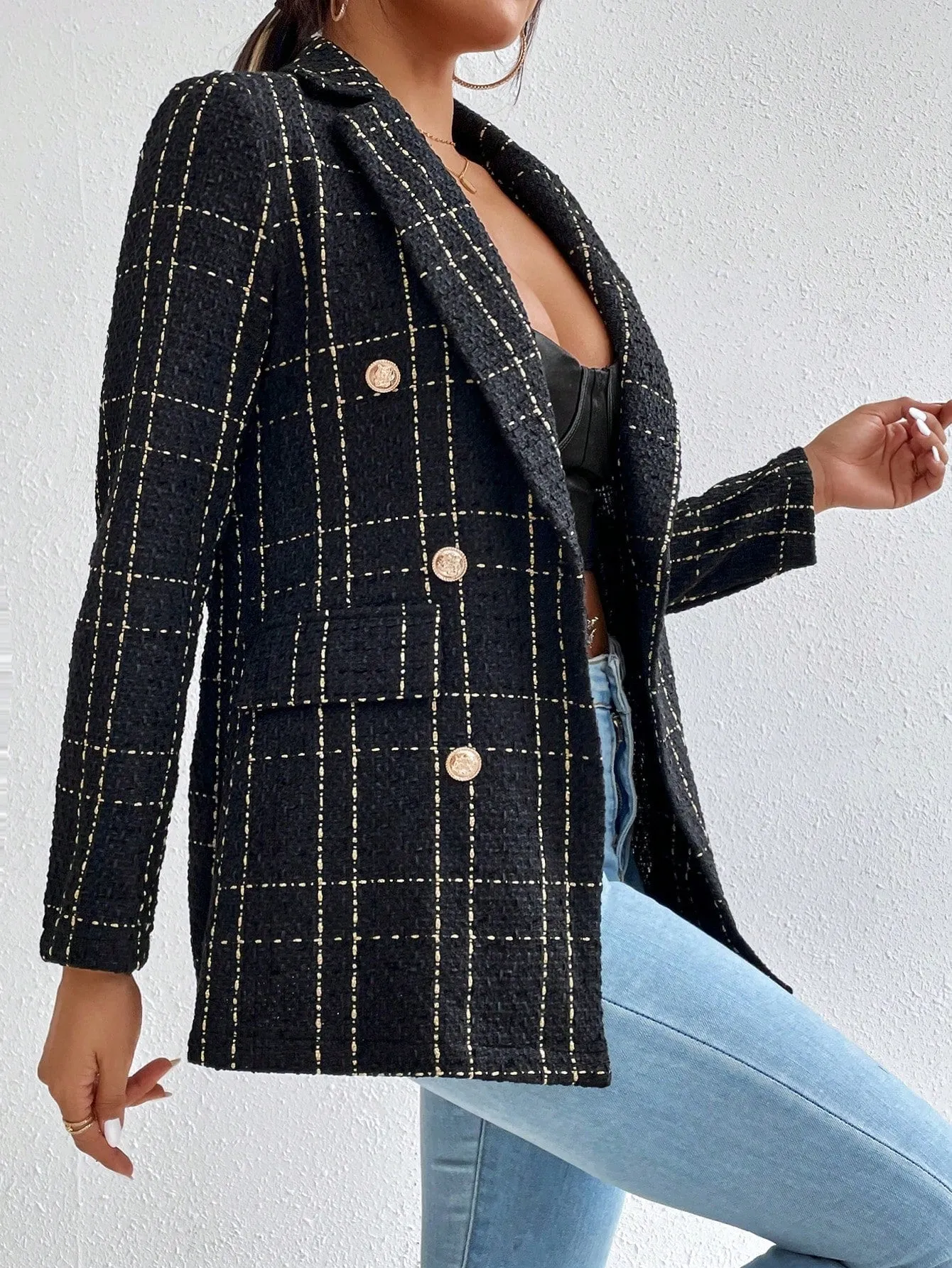 Frenchy Lapel Collar Long Sleeve Plaid Thick Woolen Blazer Jacket