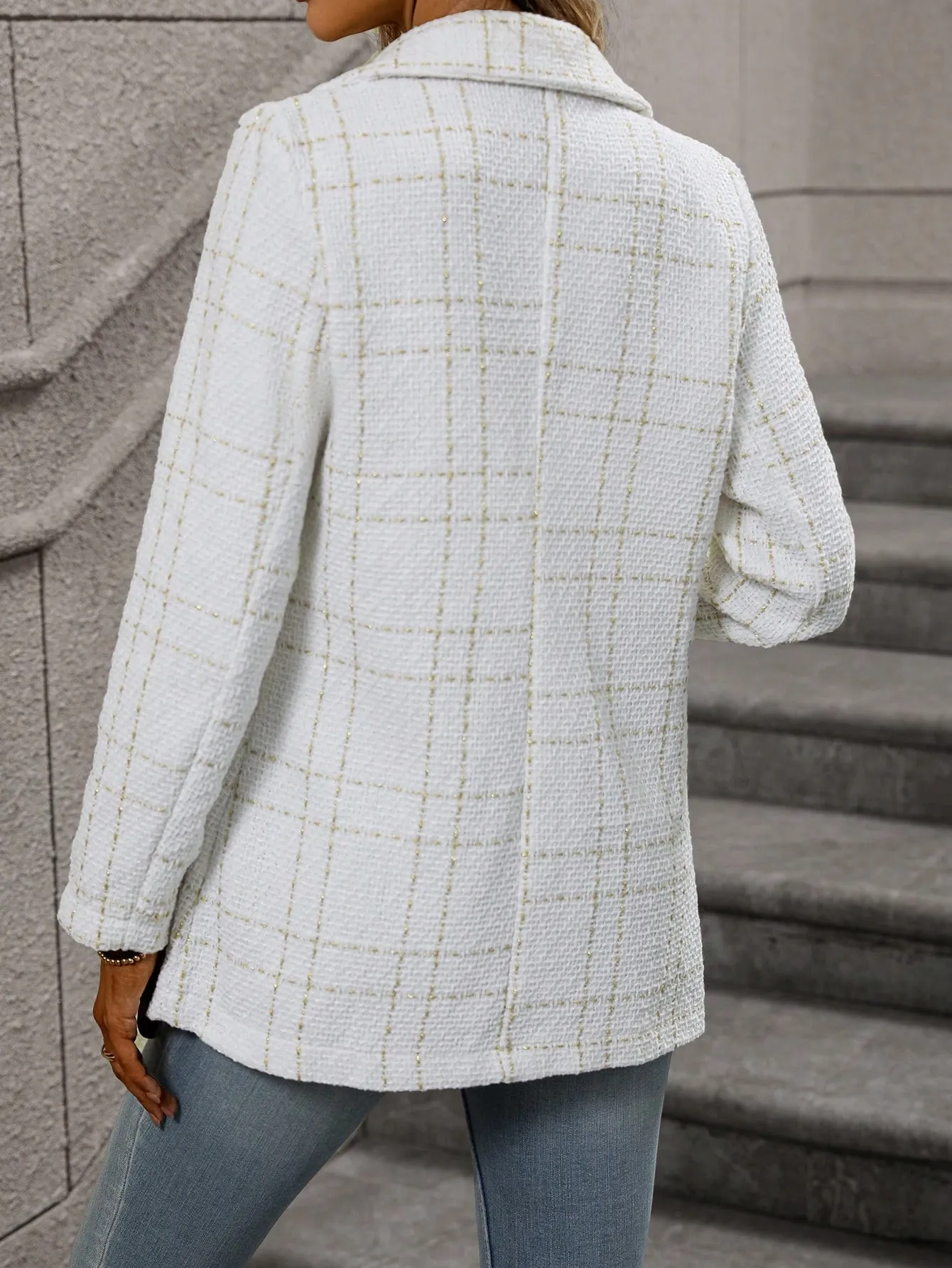 Frenchy Lapel Collar Long Sleeve Plaid Thick Woolen Blazer Jacket