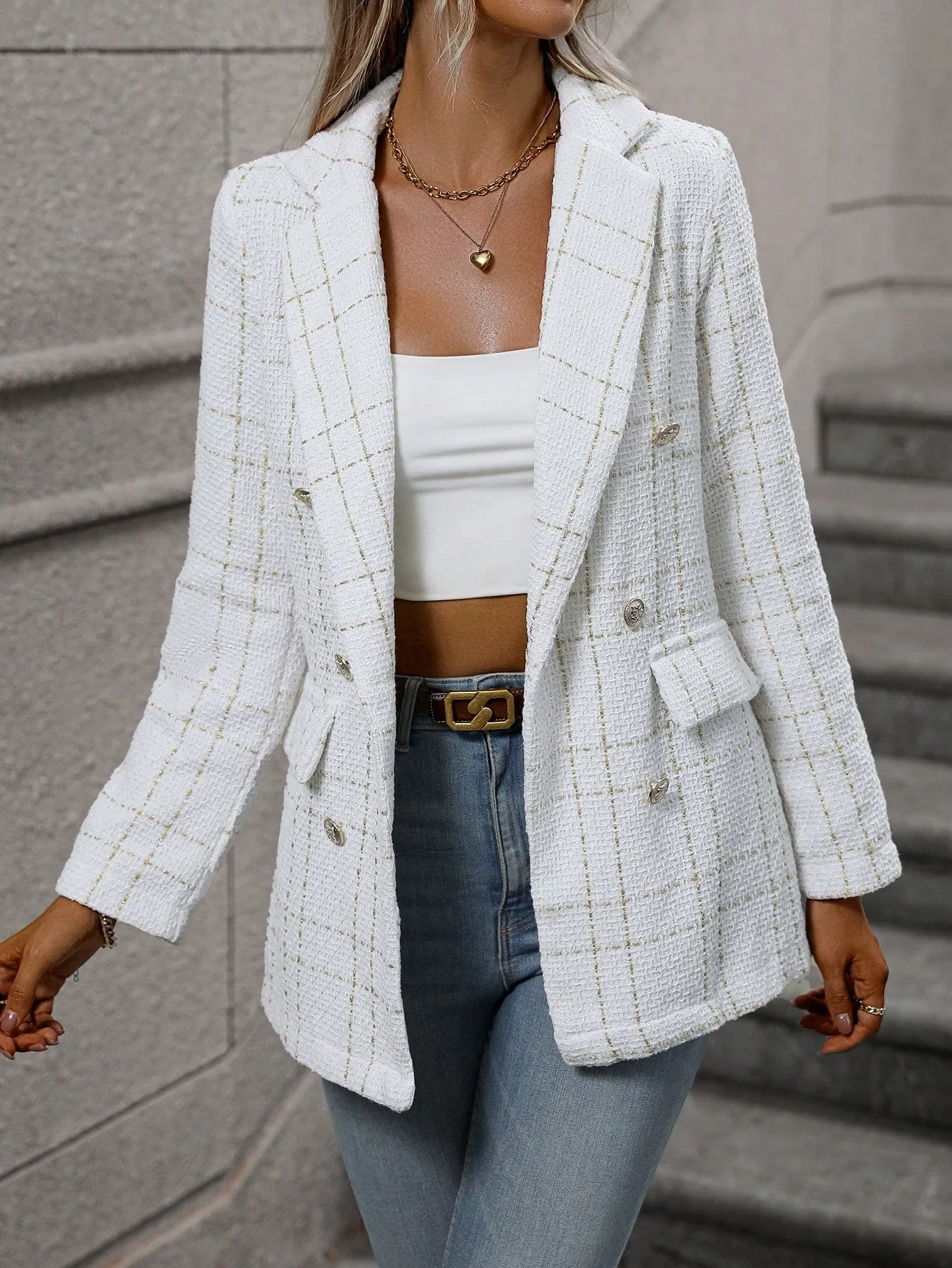 Frenchy Lapel Collar Long Sleeve Plaid Thick Woolen Blazer Jacket