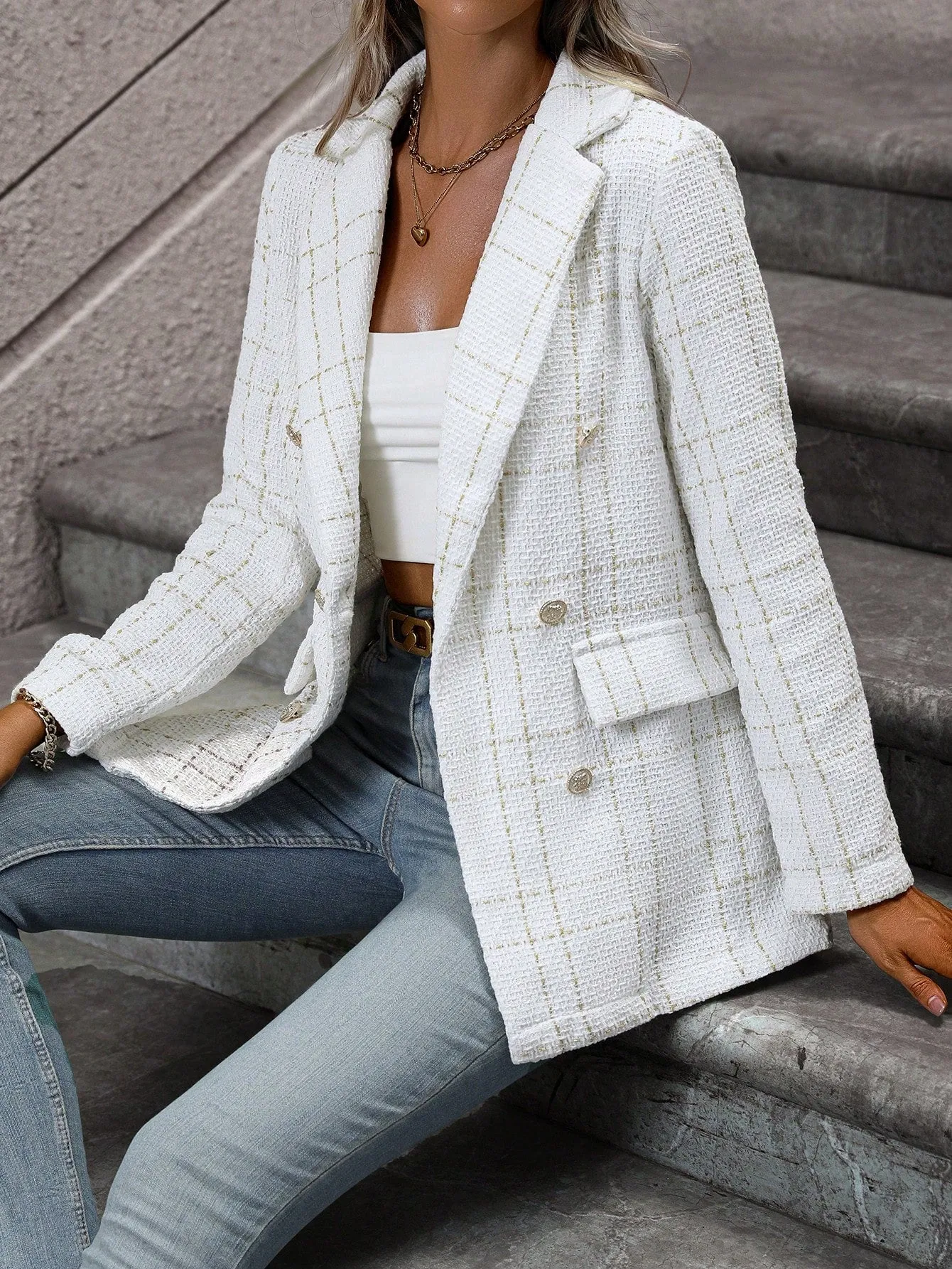 Frenchy Lapel Collar Long Sleeve Plaid Thick Woolen Blazer Jacket