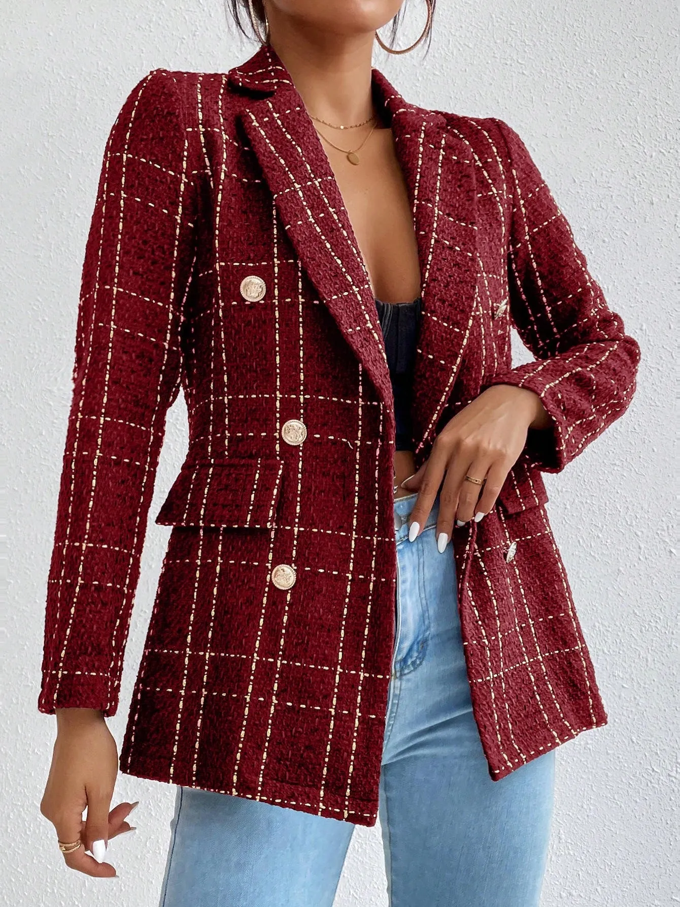 Frenchy Lapel Collar Long Sleeve Plaid Thick Woolen Blazer Jacket