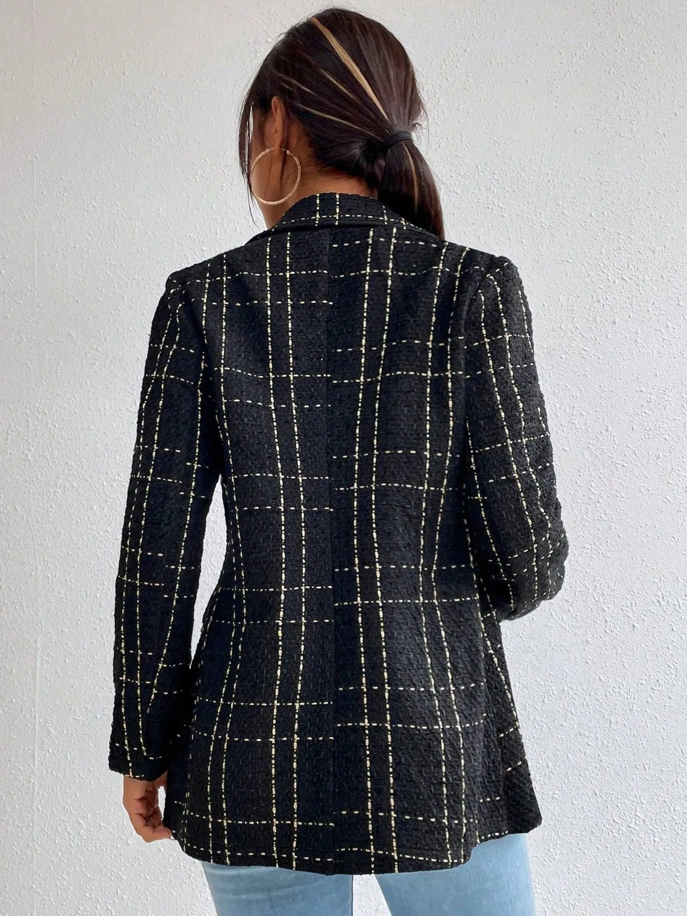 Frenchy Lapel Collar Long Sleeve Plaid Thick Woolen Blazer Jacket
