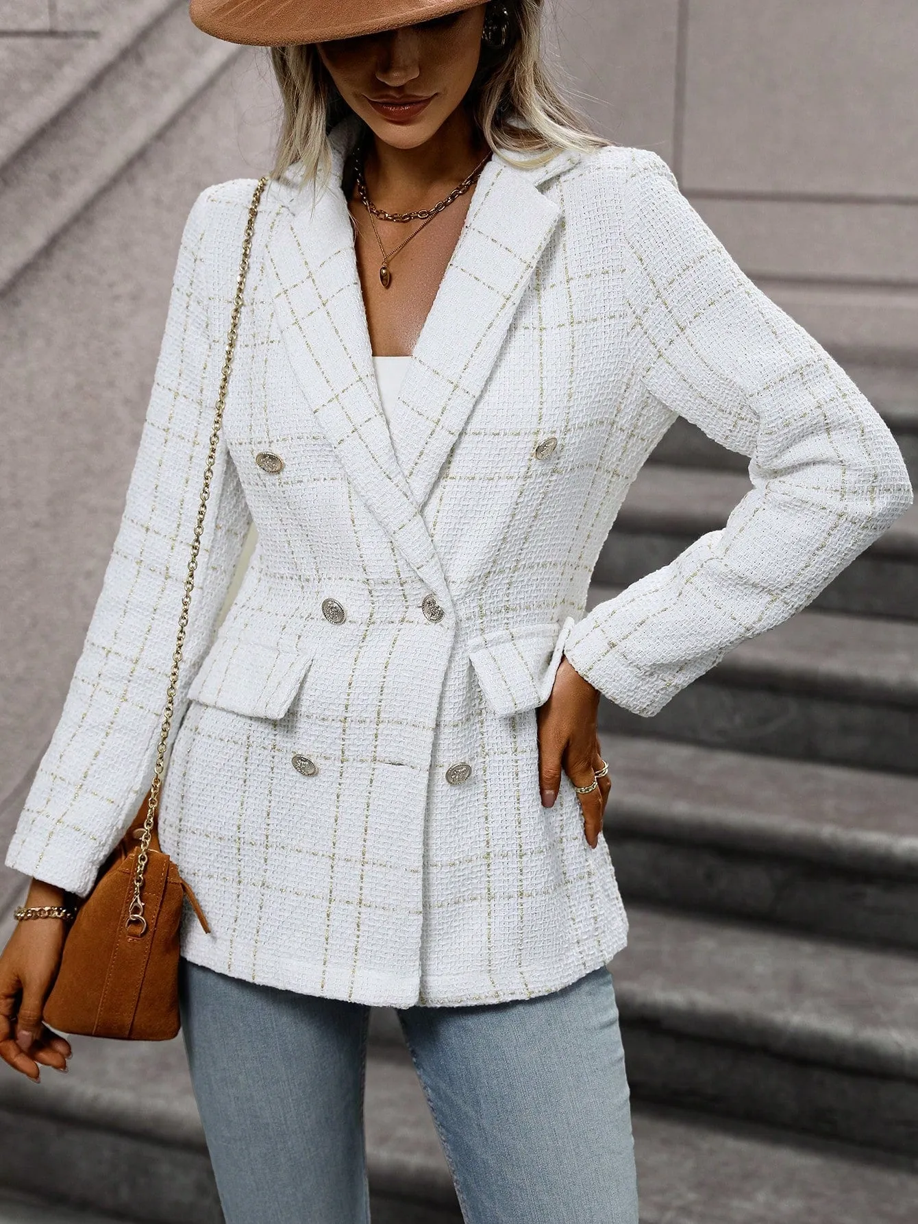 Frenchy Lapel Collar Long Sleeve Plaid Thick Woolen Blazer Jacket