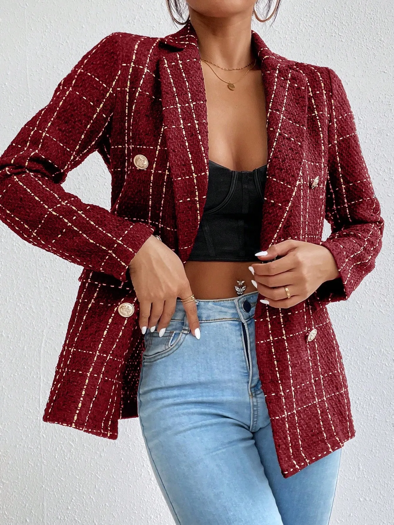 Frenchy Lapel Collar Long Sleeve Plaid Thick Woolen Blazer Jacket