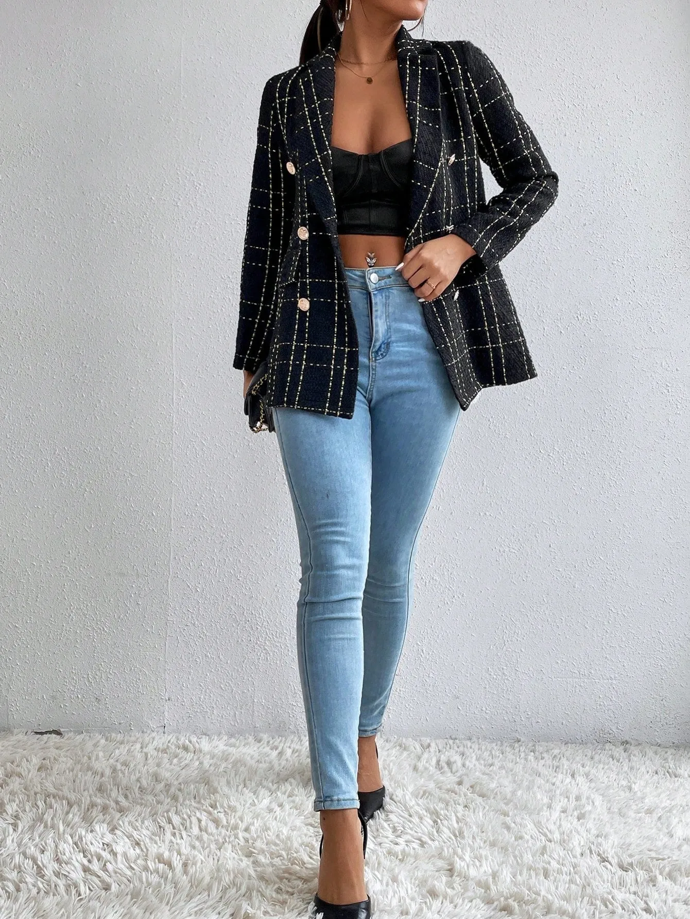 Frenchy Lapel Collar Long Sleeve Plaid Thick Woolen Blazer Jacket