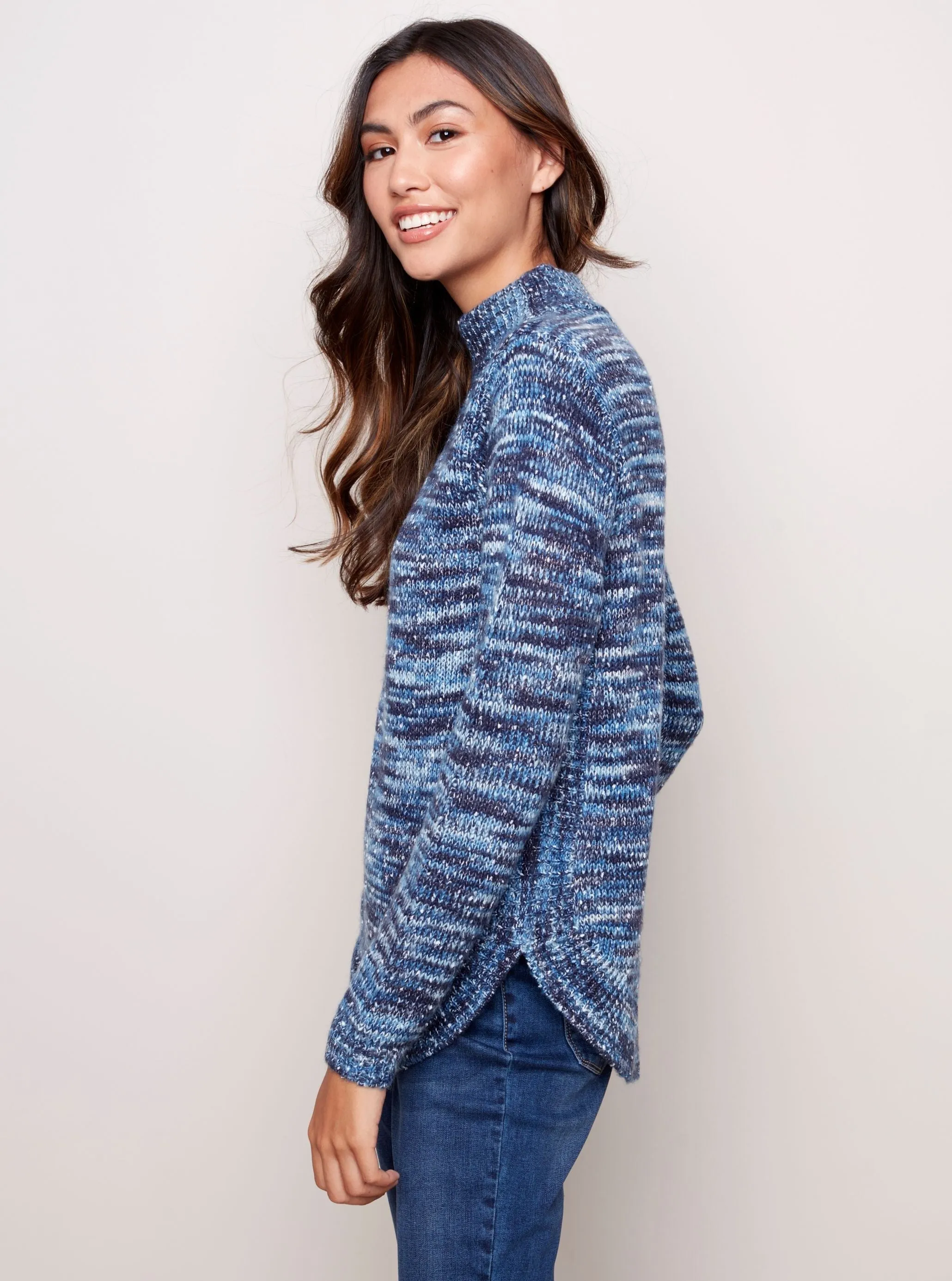 Funnel Neck Round Hem Sweater [Denim-C2387R]