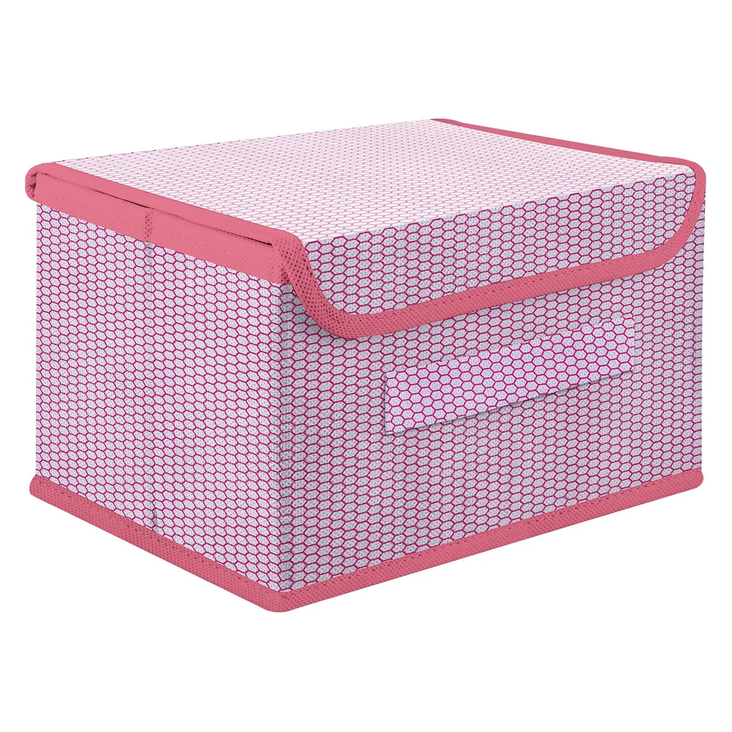 Heart Home Drawer Storage Box | Zig Zag Dhakkan Storage Box | Non-Woven Clothes Organizer For Toys | Storage Box with Handle | Medium | Pink