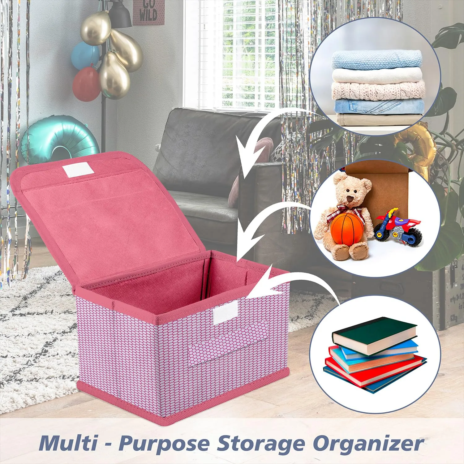 Heart Home Drawer Storage Box | Zig Zag Dhakkan Storage Box | Non-Woven Clothes Organizer For Toys | Storage Box with Handle | Medium | Pink