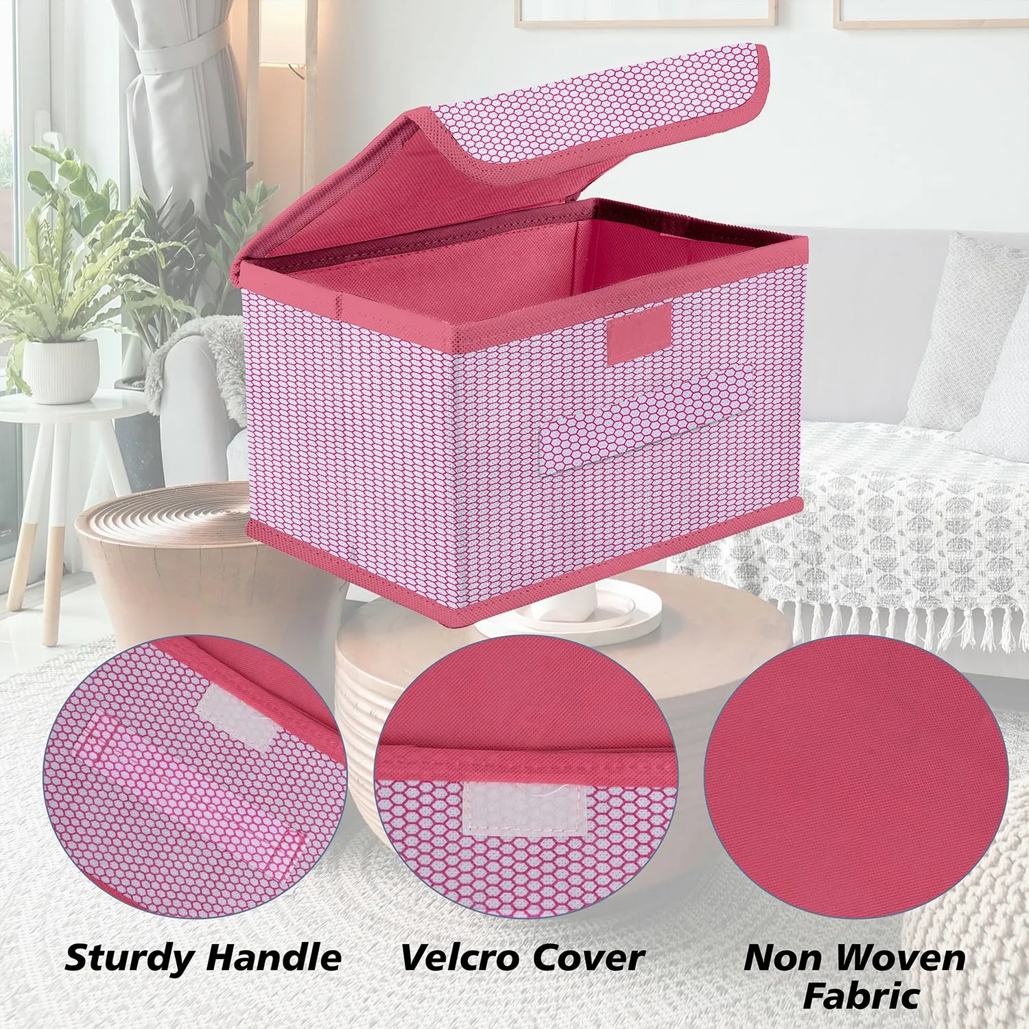 Heart Home Drawer Storage Box | Zig Zag Dhakkan Storage Box | Non-Woven Clothes Organizer For Toys | Storage Box with Handle | Medium | Pink