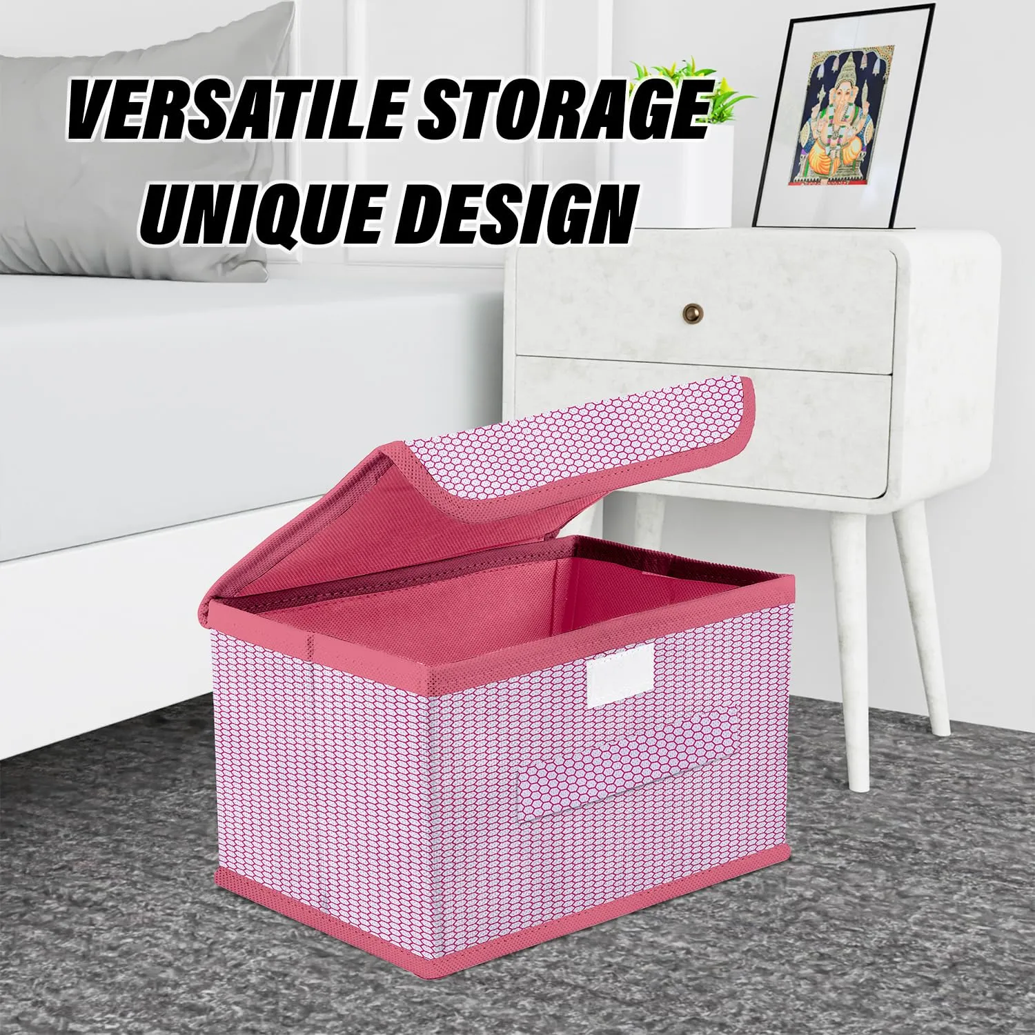 Heart Home Drawer Storage Box | Zig Zag Dhakkan Storage Box | Non-Woven Clothes Organizer For Toys | Storage Box with Handle | Medium | Pink