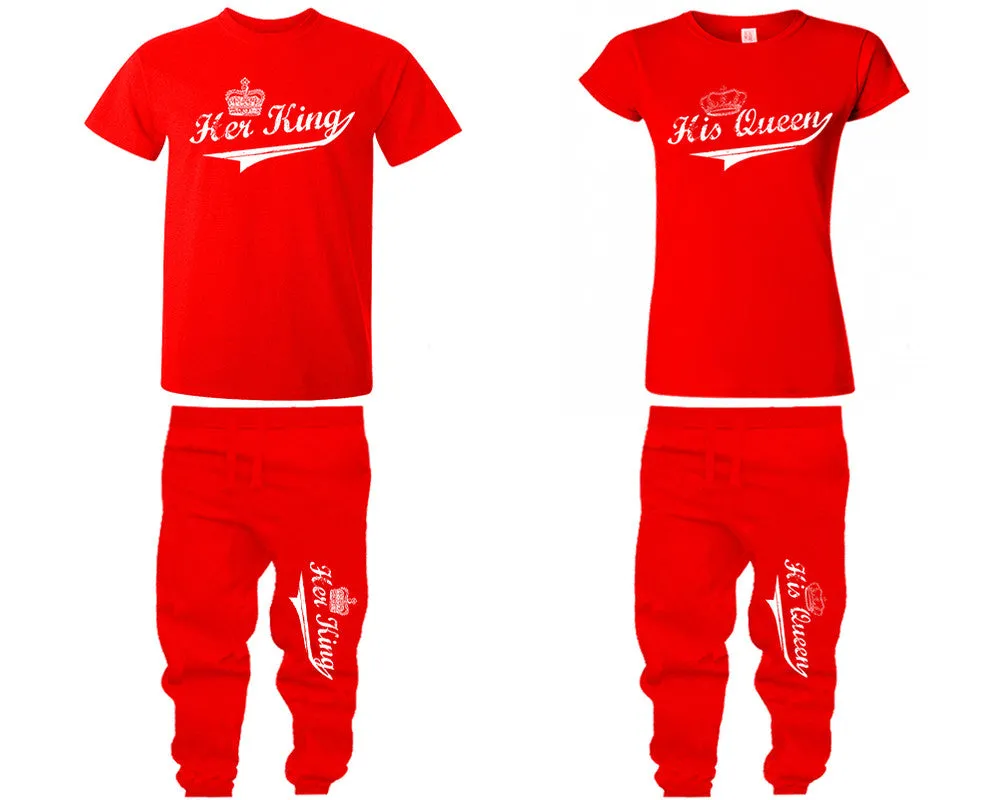 Her King & His Queen Couple Matching T-Shirts & Jogger Pants – 4-Piece Set: Men’s and Women’s Styles Sold Separately