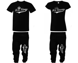 Her King & His Queen Couple Matching T-Shirts & Jogger Pants – 4-Piece Set: Men’s and Women’s Styles Sold Separately