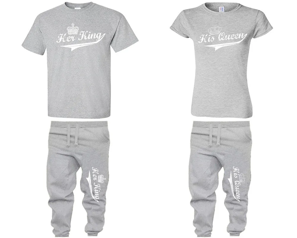 Her King & His Queen Couple Matching T-Shirts & Jogger Pants – 4-Piece Set: Men’s and Women’s Styles Sold Separately