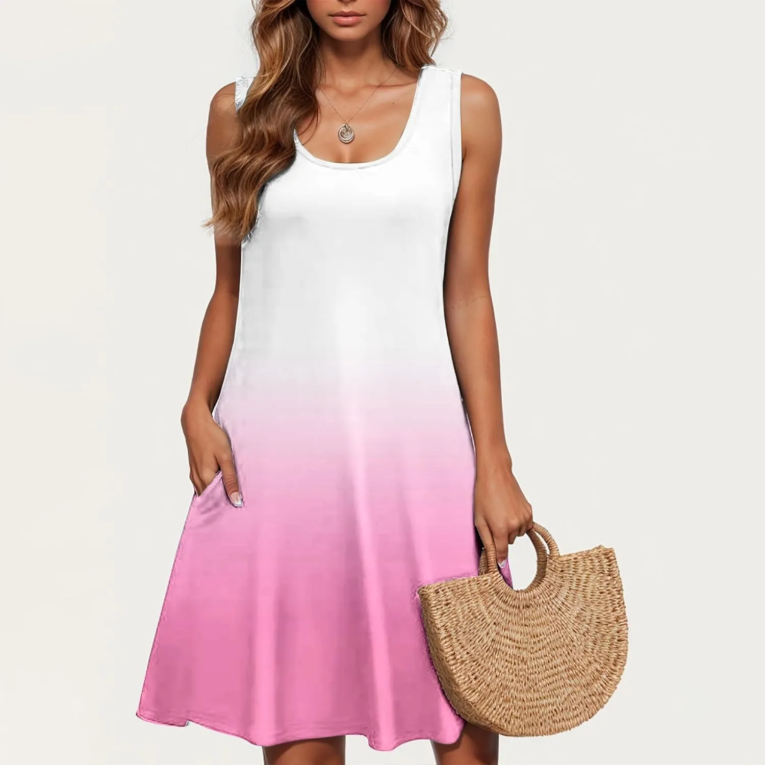 hlysgo Womens Coverup Dress 2025 Summer Sleeveless Crew Neck Mini Dress Trendy Gradient Short Beach Sundress with Pockets