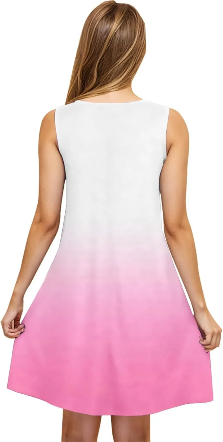 hlysgo Womens Coverup Dress 2025 Summer Sleeveless Crew Neck Mini Dress Trendy Gradient Short Beach Sundress with Pockets