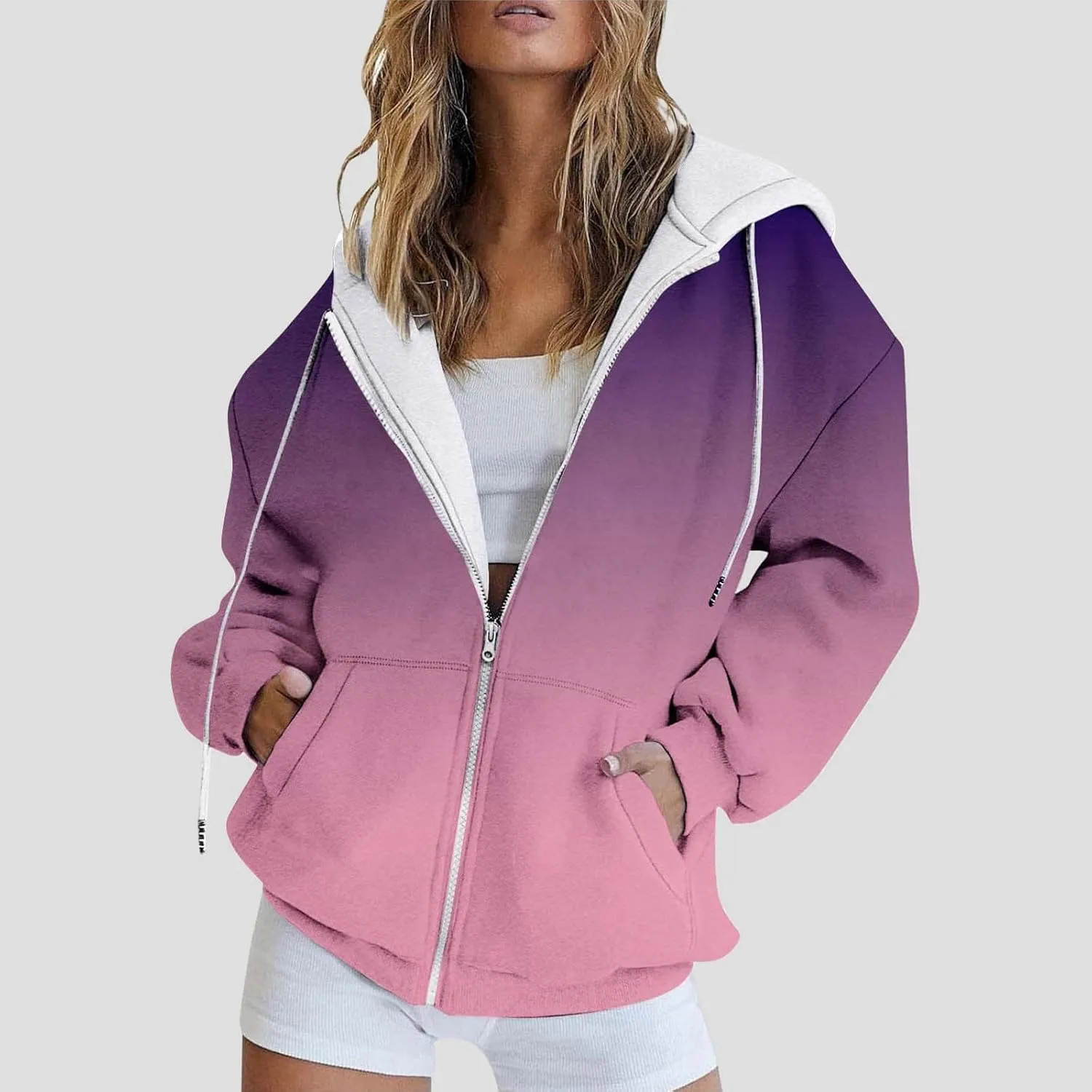 Hoodies for Women Oversized Full Zip Up Clothes Trendy Ombre Tie Dye Hoodies for Women Drawstring Thick Warm Jackets