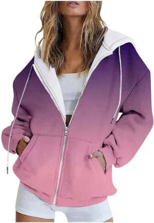 Hoodies for Women Oversized Full Zip Up Clothes Trendy Ombre Tie Dye Hoodies for Women Drawstring Thick Warm Jackets