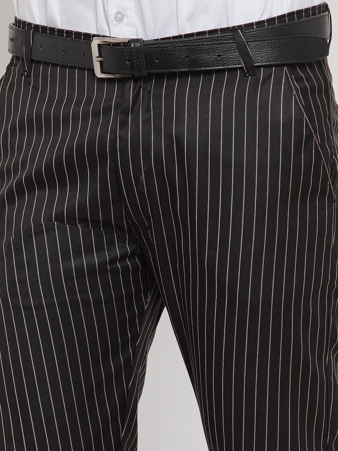 Jashvi Men's Black Cotton Striped Formal Trousers