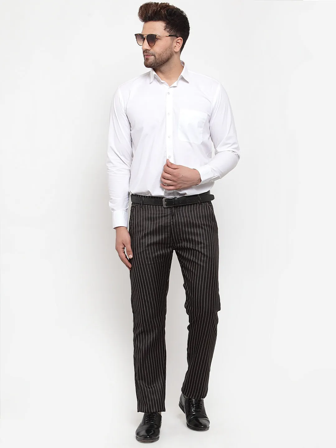 Jashvi Men's Black Cotton Striped Formal Trousers