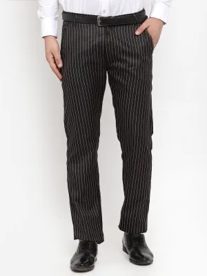 Jashvi Men's Black Cotton Striped Formal Trousers