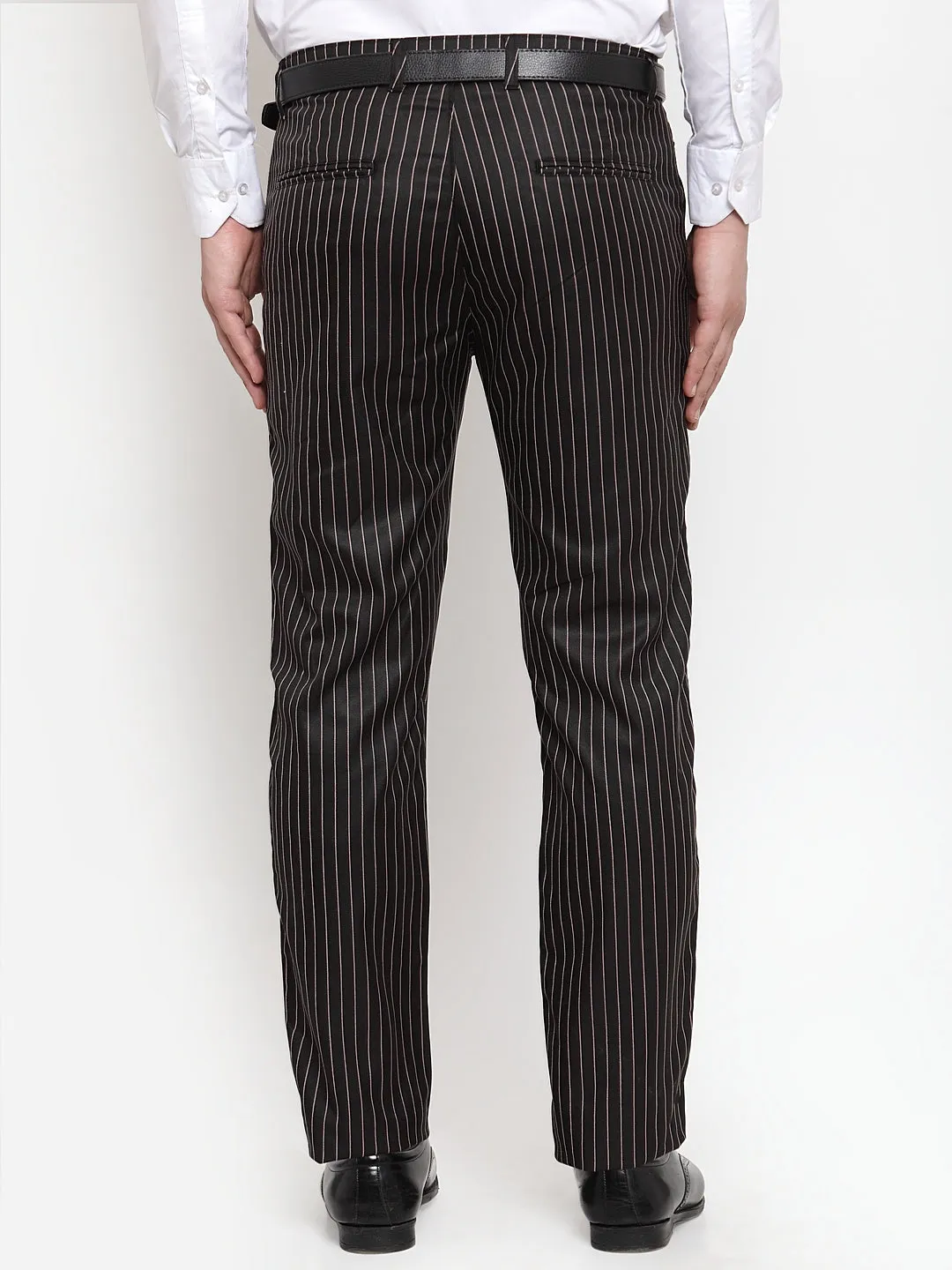 Jashvi Men's Black Cotton Striped Formal Trousers