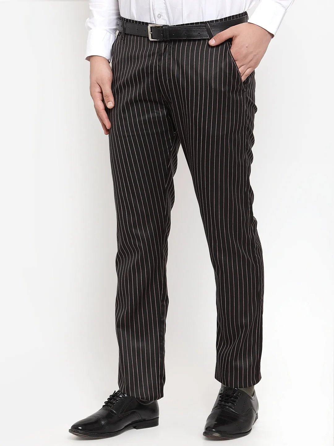 Jashvi Men's Black Cotton Striped Formal Trousers