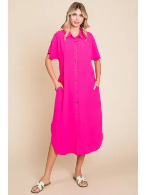 Jodifl Button Down Collard Shift Midi Dress In Hot Pink