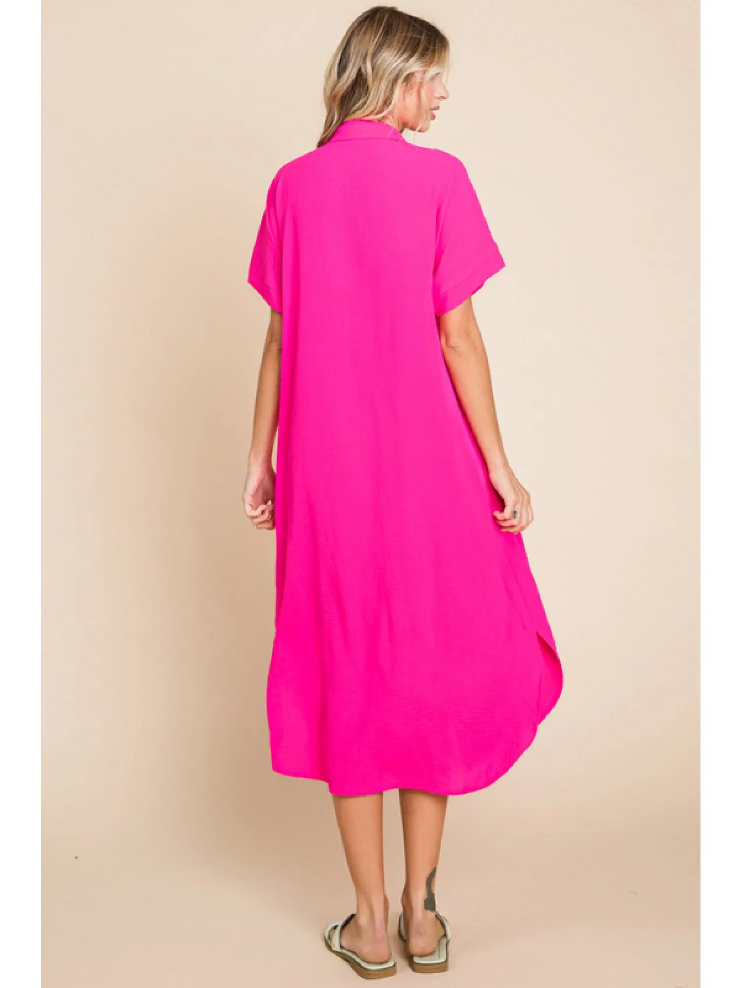 Jodifl Button Down Collard Shift Midi Dress In Hot Pink